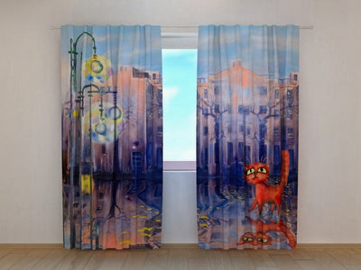 Curtains for the children's room with a drawn cat on the street Tapetenshop.lv