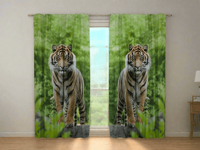 Day and night curtains for bedroom - two tigers in a lush green environment on Tapetenshop.lv