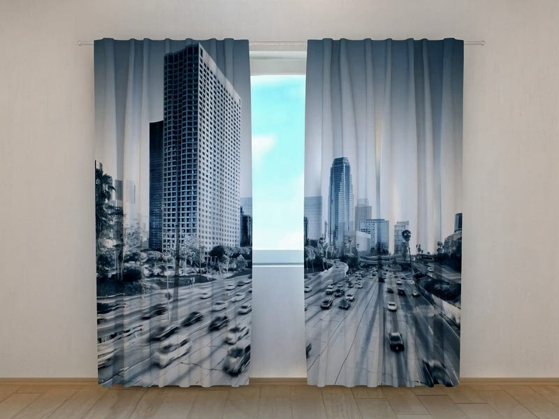 Day and night curtains for bedroom with a big city in gray tones on Tapetenshop.lv