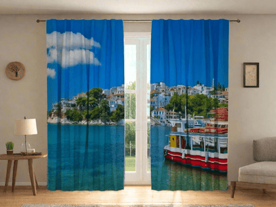 Decorative curtains with print - on the Greece coast - order Tapetenshop.lv