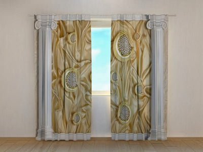 Curtains with Greek columns and silk background from polyester fabric Tapetenshop.lv