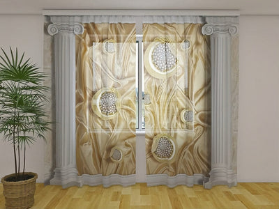 Curtains with Greek columns and silk background from polyester fabric Tapetenshop.lv