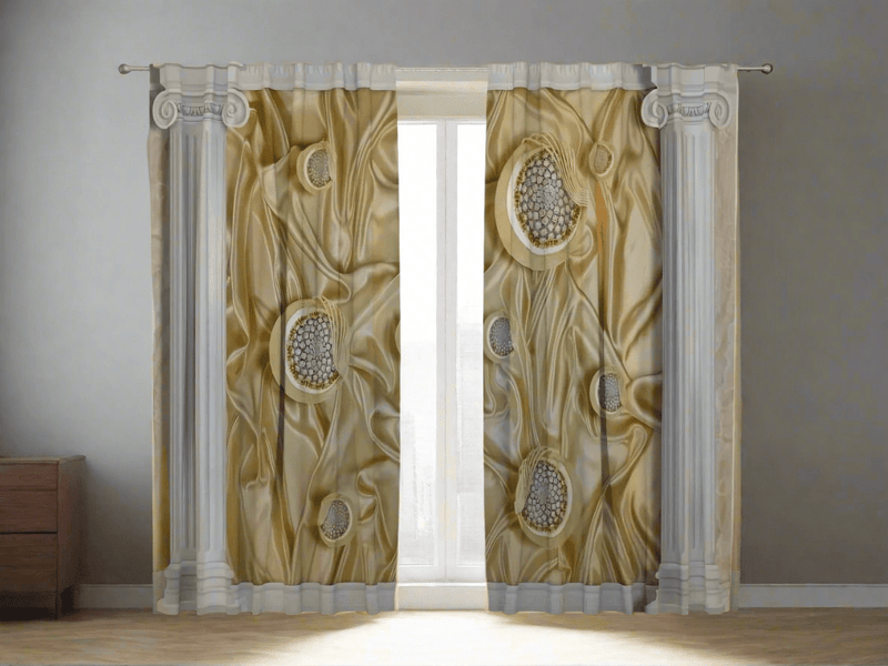 Curtains with Greek columns and silk background from polyester fabric Tapetenshop.lv