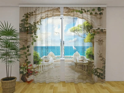 Beautiful 3D curtains with a realistic printed image - sea mirage on Tapetenshop.lv