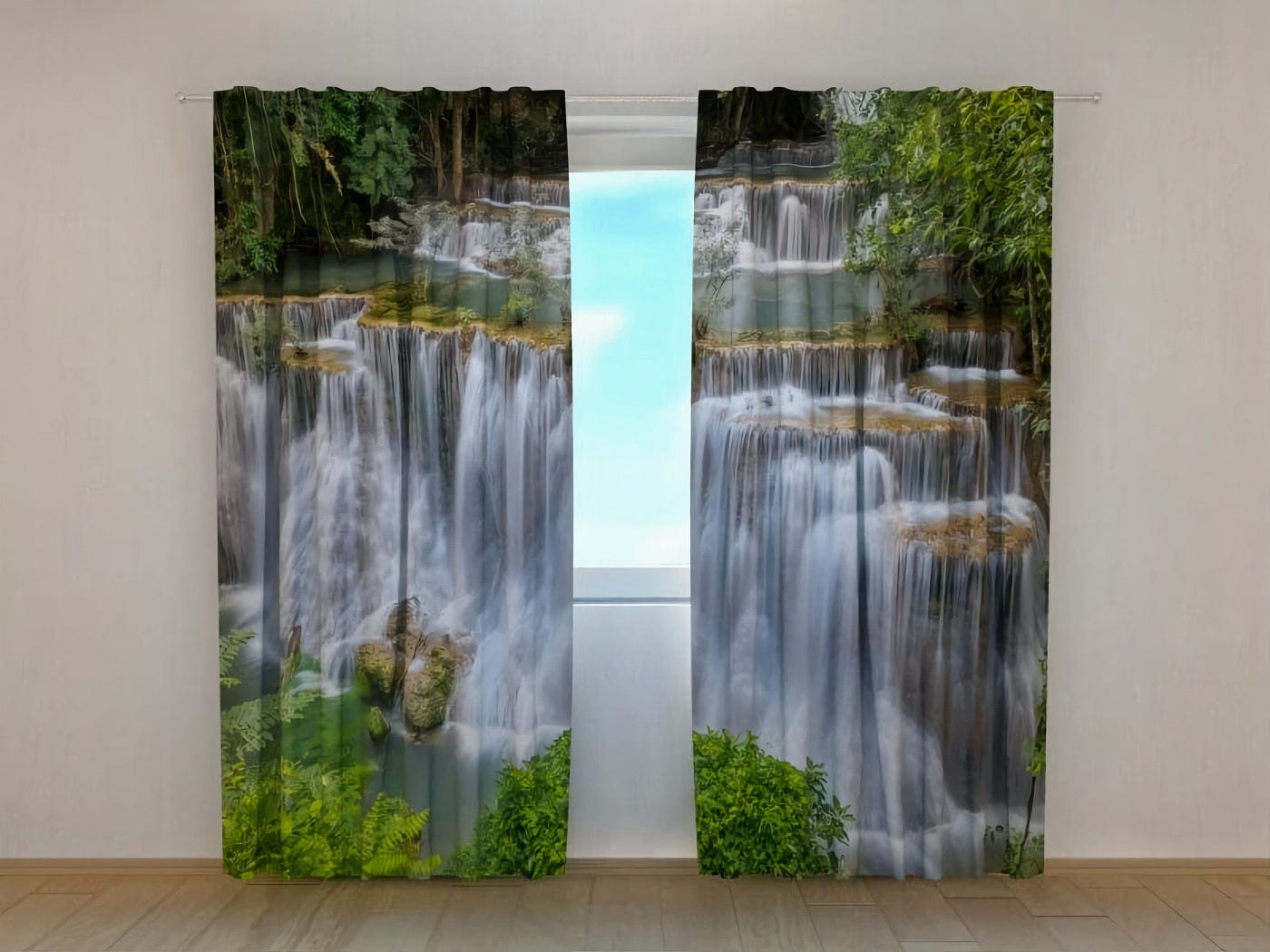 Aizkari ar skaisto Kančaburi ūdenskritumu, rada dabas motīvu mājās Tapetenshop.lv
