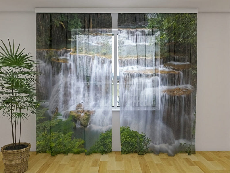 Curtains with the beautiful Kanchaburi waterfall create a natural motif at home Tapetenshop.lv