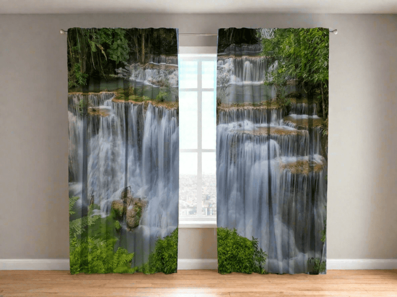 Curtains with the beautiful Kanchabur Waterfall, creating a natural motif at home on walletenshop.lv