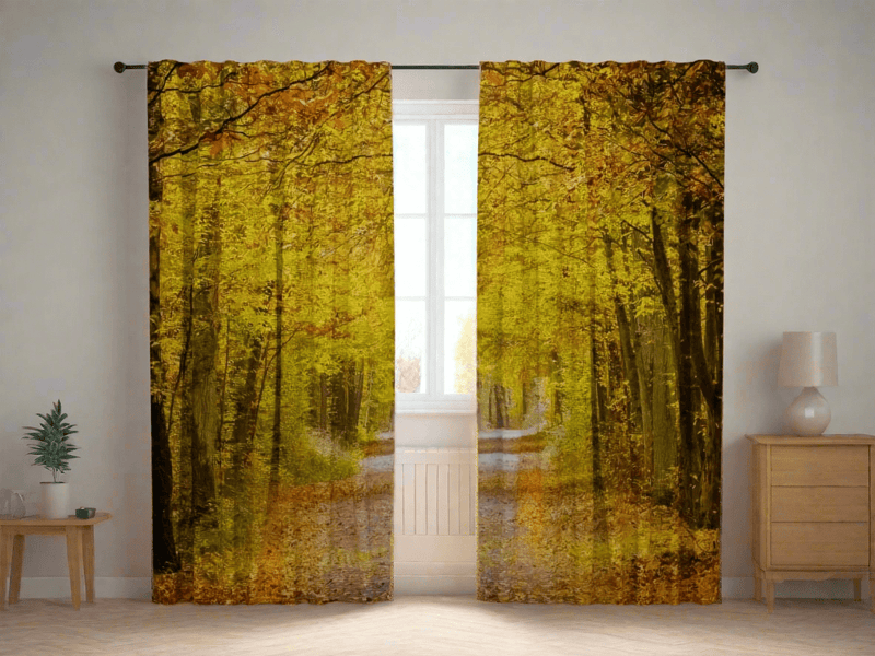 Curtains with a beautiful autumn forest that creates a peaceful and natural feeling on Tapetenshop.lv