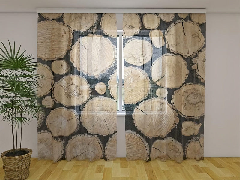 Curtains with a realistic printed image that resembles wooden logs Tapetenshop.lv