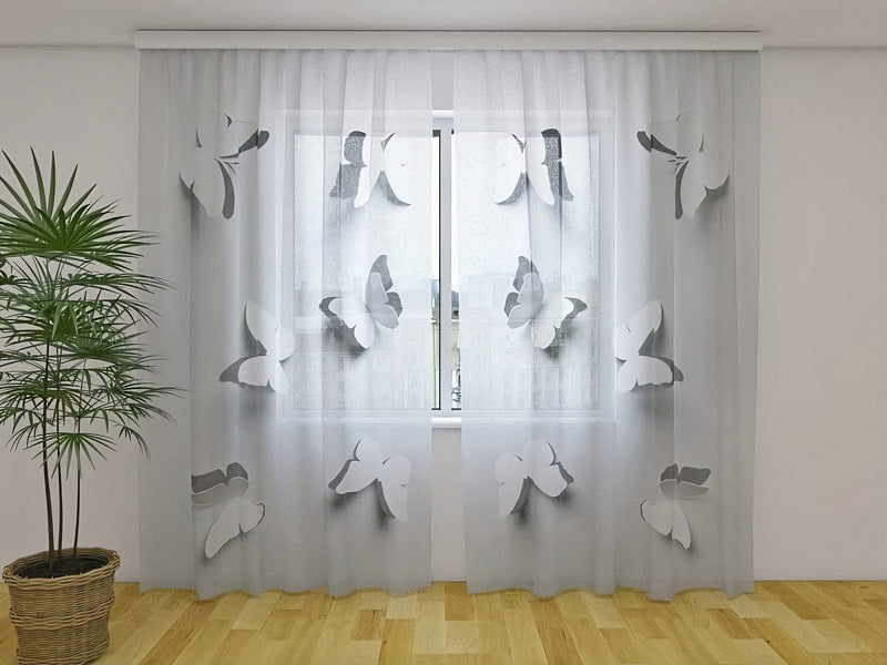 Day and night curtains for the room in light gray shades - paper butterflies on Tapetenshop.lv