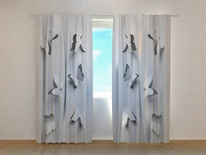 Day and night curtains for the room in light gray shades - paper butterflies on Tapetenshop.lv