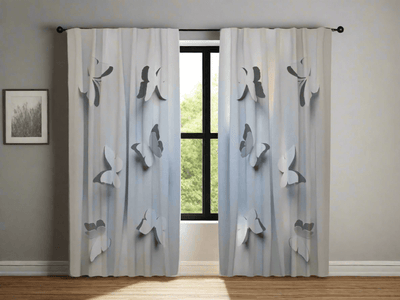 Day and night curtains for the room in light gray shades - paper butterflies on Tapetenshop.lv