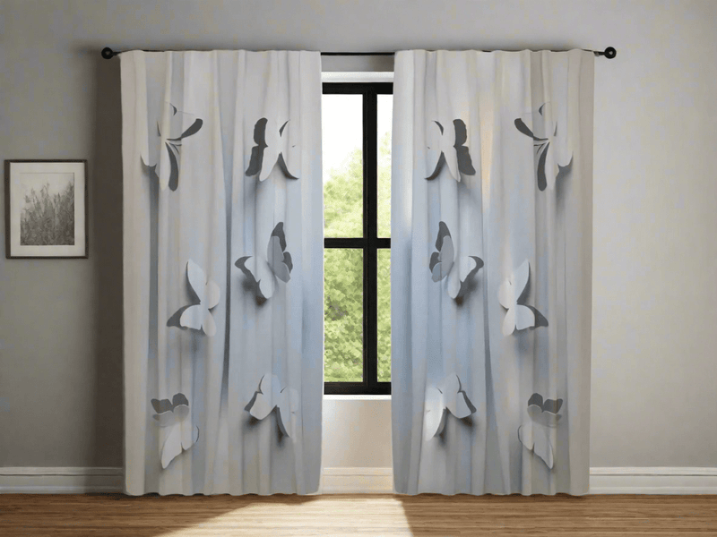 Day and night curtains for the room in light gray shades - paper butterflies on Tapetenshop.lv