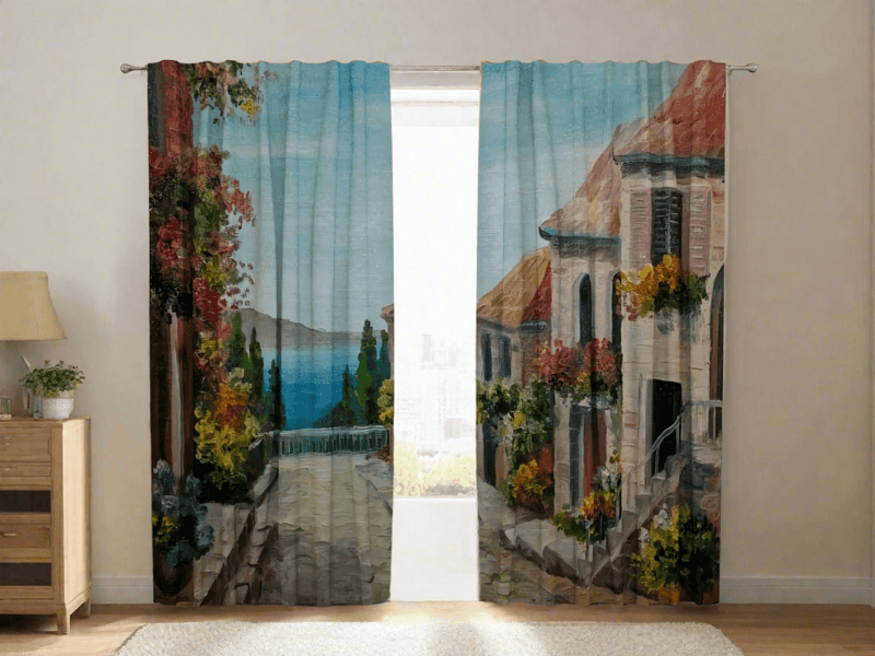 Curtains with houses and a beautiful view of the sea - order by size Tapetenshop.lv