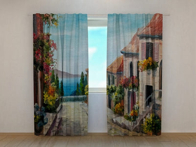 Curtains with houses and a beautiful view of the sea - order by size Tapetenshop.lv