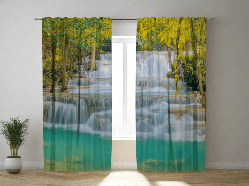 Curtains with autumn landscape and waterfall - order Tapetenshop.lv