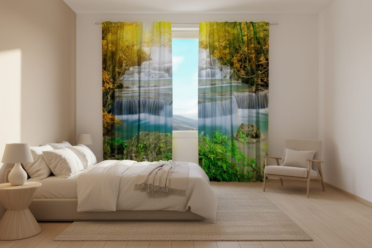 Gaišas guļamistabas interjers ar koka grīdu.  Uz loga uzstādīti fotoaizkari, uz kuriem fotoreālistiski attēlota dabas ainava: gleznains, daudzpakāpju ūdenskritums ar tirkīzzilu ūdeni, ko priekšplānā ieskauj akmeņi un spilgti zaļi augi, bet fonā – mežs ar rudenīgi dzeltenu un zeltītu lapotni, caur kuru spīd saules gaisma. 