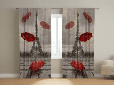 Printed curtains - Umbrella images on the background of iconic Eiffel Tower Tapetenshop.lv