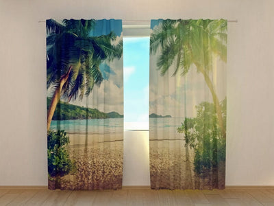 Day and night curtains with palm trees - Sunset in Seychelles Tapetenshop.lv