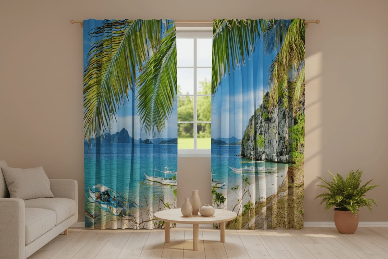 Gaišas viesistabas interjers ar koka grīdu un gaišu dīvānu. Uz loga uzstādīti fotoaizkari, uz kuriem fotoreālistiski attēlota eksotiska tropu pludmale. Aizkaru augšmalu abās pusēs rotā nokarenas, spilgti zaļas palmu lapas.