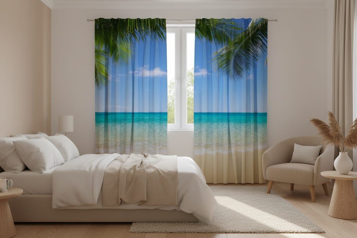 Gaišas guļamsistabas interjers ar baltām sienām un koka grīdu. Uz loga uzstādīti fotoaizkari, uz kuriem fotoreālistiski attēlota tropiska vasaras pludmale. Aizkaru augšdaļā redzamas lielas, zaļas palmu lapas uz spilgti zilu debesu fona. Vidusdaļā paveras mierīgs, tirkīzzils okeāns, bet apakšdaļā – gaišas smiltis. 