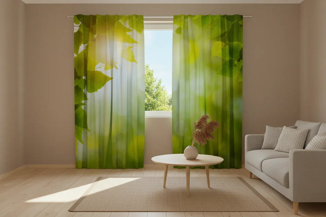 Dienas aizkari guļamistabai siltai atmosfērai ar zaļām lapām un sauli Tapetenshop.lv
