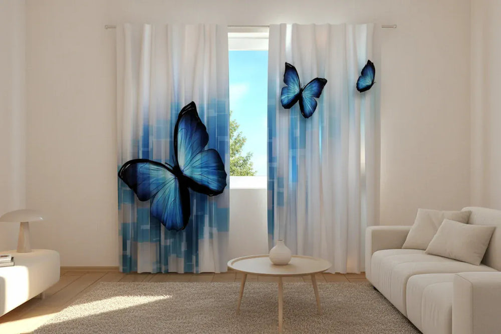 Aizkari ar apdruku - guļamistabai ar tauriņiem - Zilie tauriņi Tapetenshop.lv