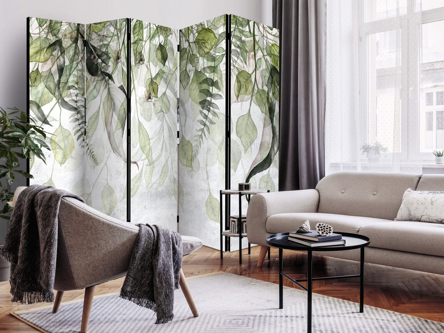 Aizslietnis ar zaļam lapām uz balta fona, 5 daļīgs 225x172 cm - 136119 ART