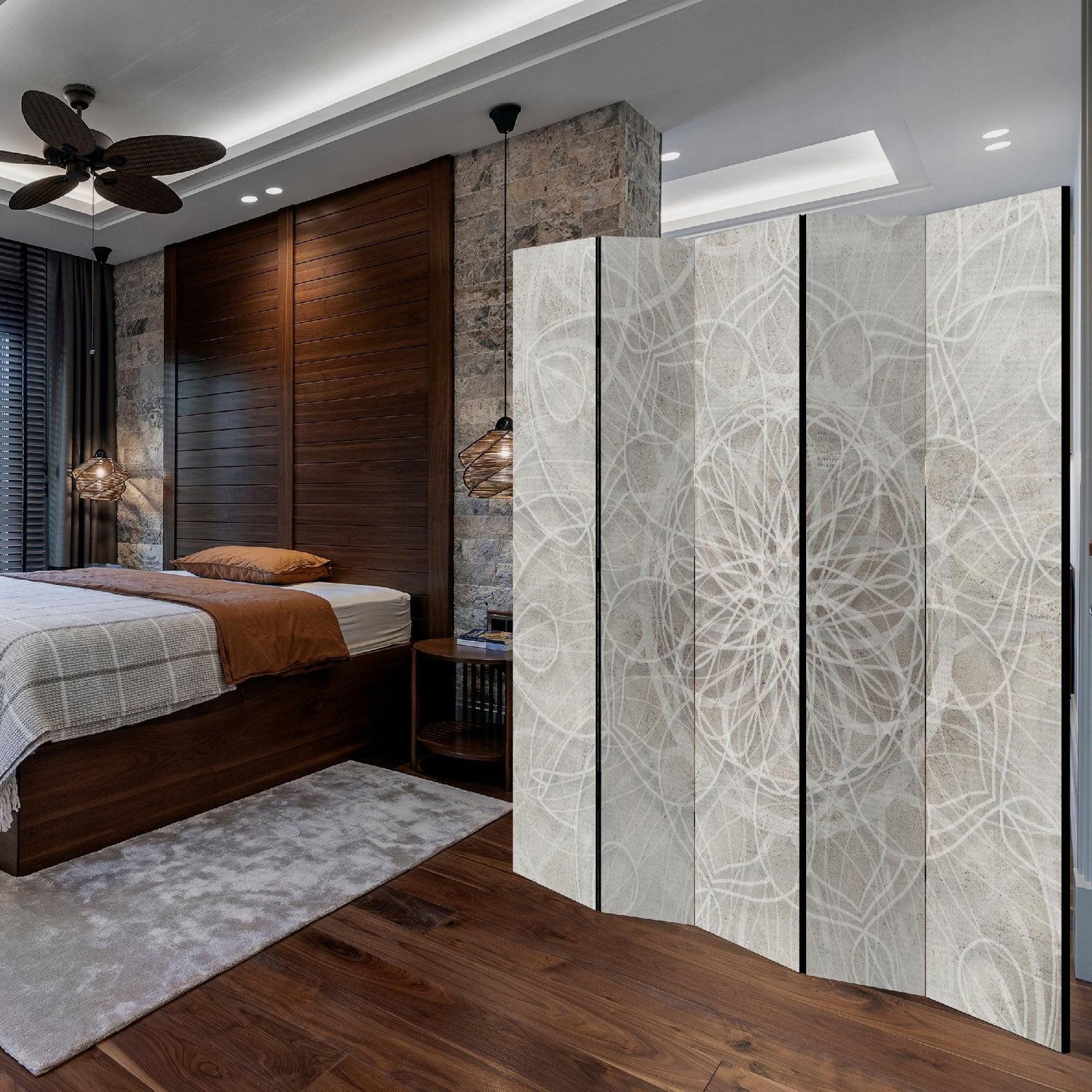 Aizslietnis, divpusējs, istabas sadalītājs, 225x172 - Siltā Simetrija - mandala ornaments bēšos toņos L-ART