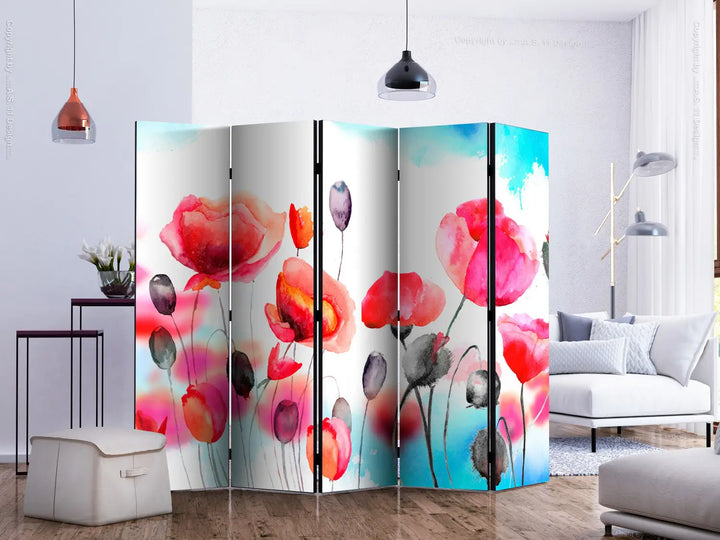 Aizslietnis - krāsainas magones akvareļa stilā uz balta fona , 225x172 cm ART XL