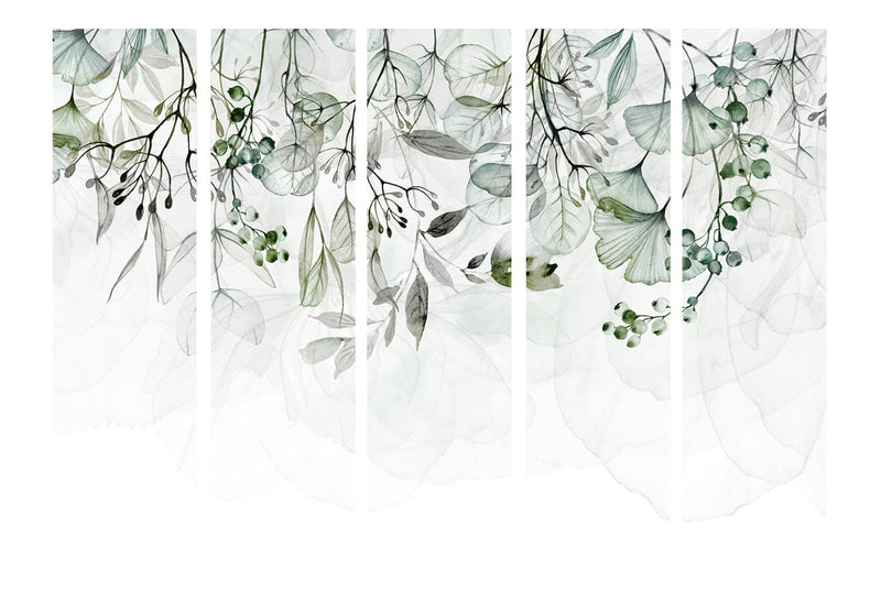 Aizslietnis un telpas sadalītājs- Zaļās lapas un ziedi uz gaiša fona ART