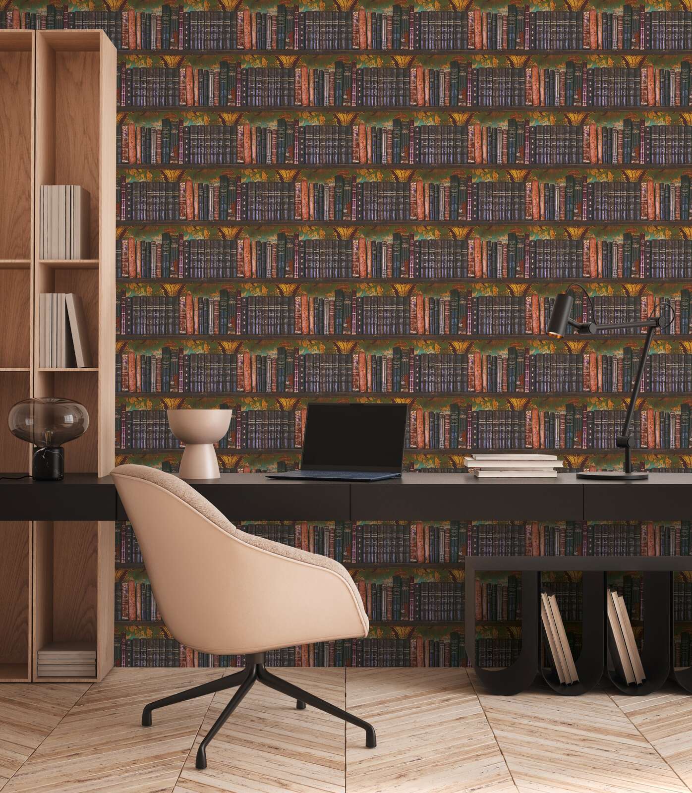Brown antique wallpaper with a bookshelf motif in a cosy corner of a library or living room. SKU: 3012504, AS Creation.