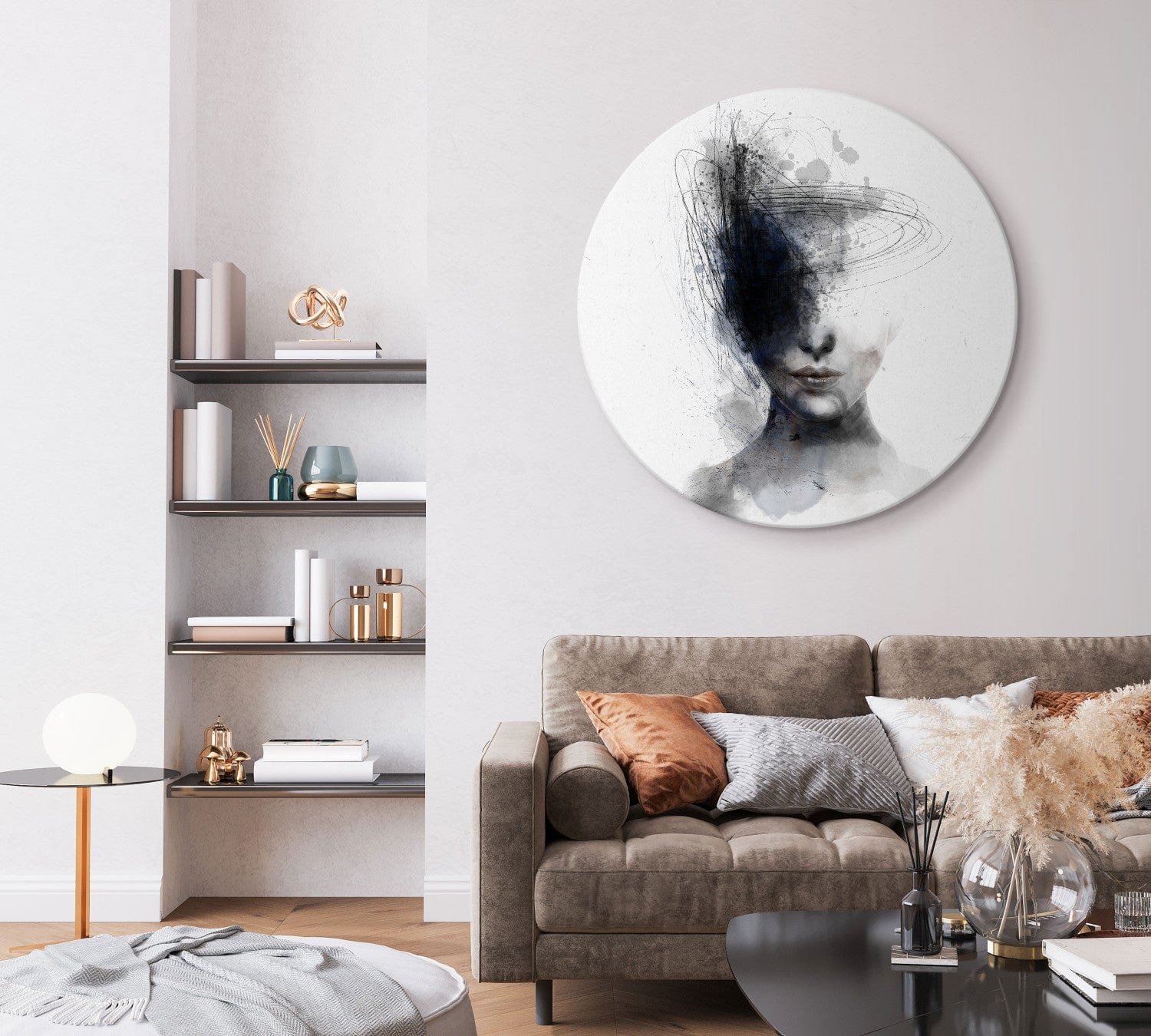 Apaļa formāta glezna - Abstrakts melnbalts sievietes portrets - 148731 G-ART