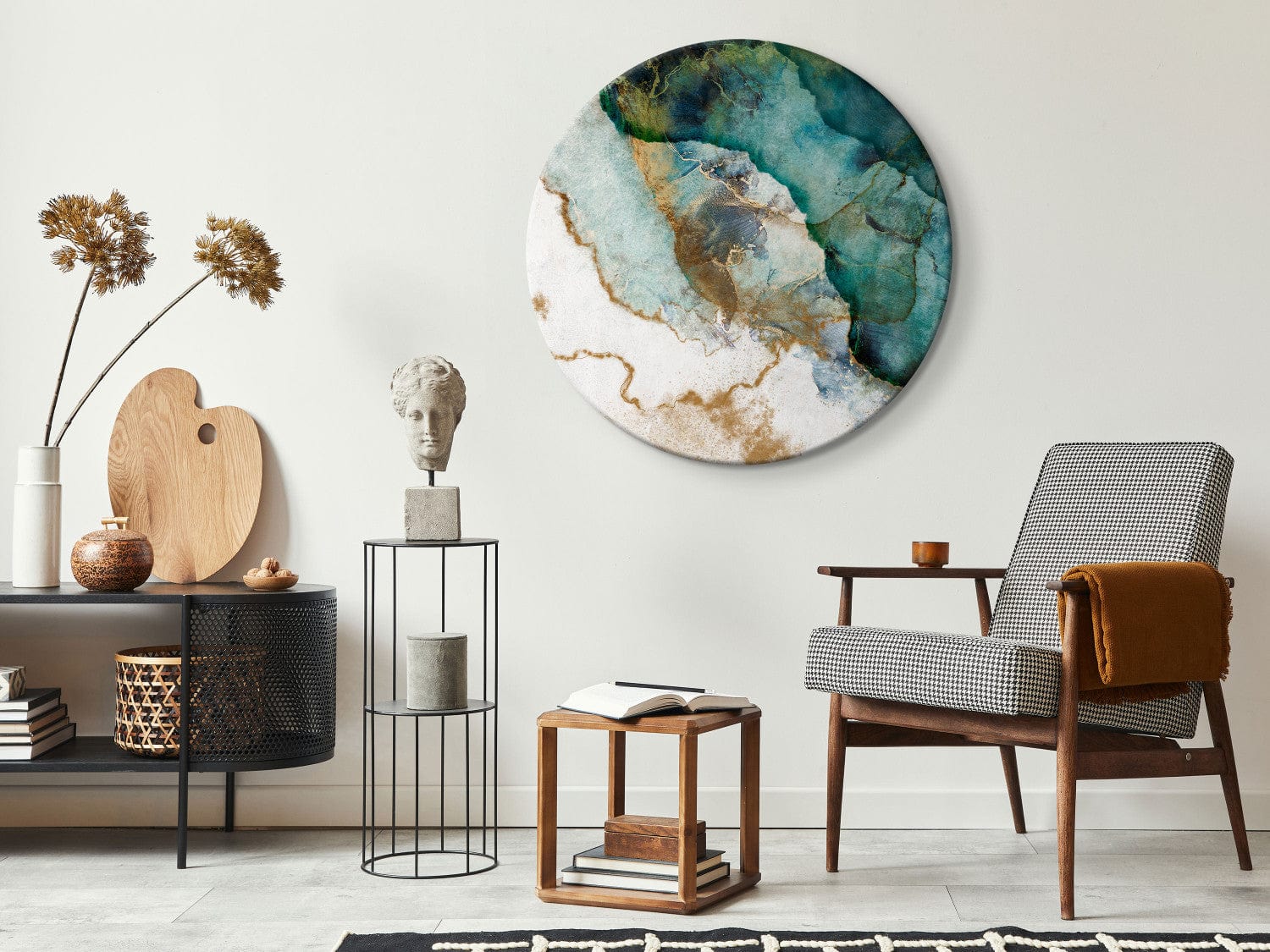 Apaļa glezna - Ekspresija tirkīza un zelta krāsā, 148706 G-ART