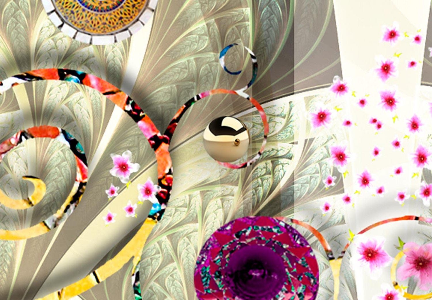 Apaļa glezna - Gustava Klimta stila abstrakcija ar ziediem - 148766 G-ART