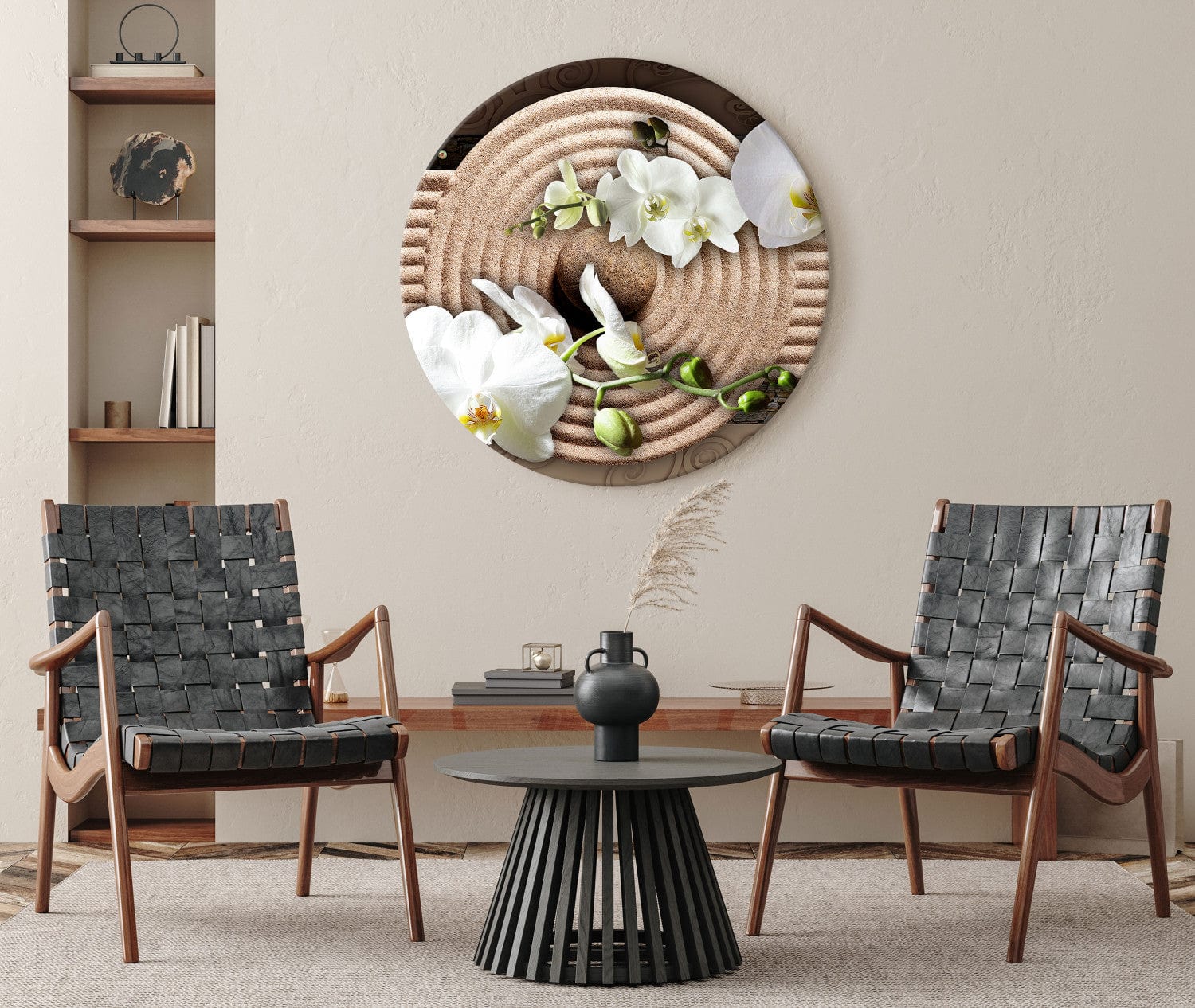 Apaļa glezna - kompozīcija ar baltām orhidejām uz smiltīm, 148764 G-ART