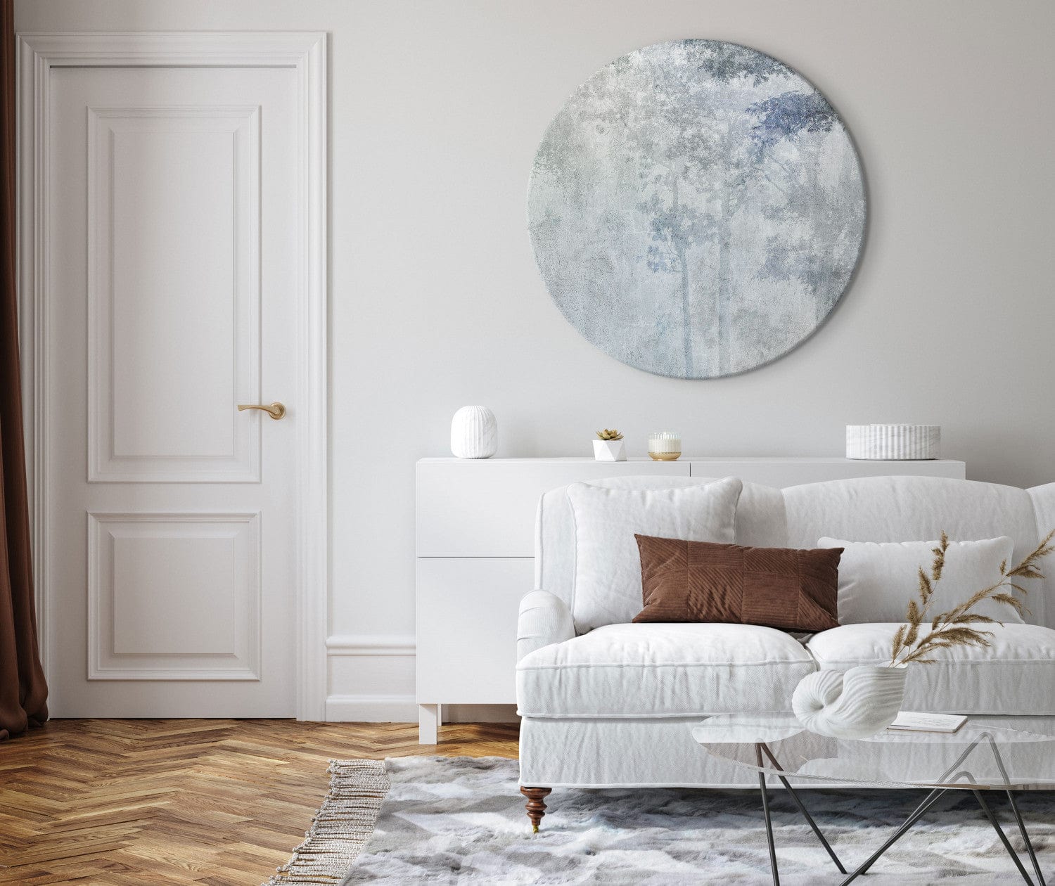 Apaļa glezna - Maigi pelēcīgi zils mežs miglainā rītā, 148681 G-ART