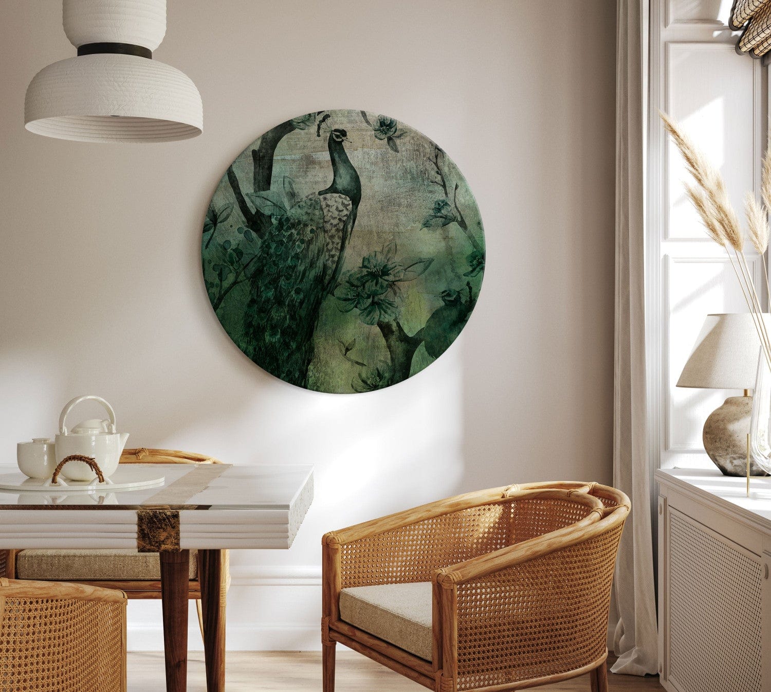 Apaļa glezna (Deluxe) - Pāvs uz ziedošiem zariem - 148664 G-ART