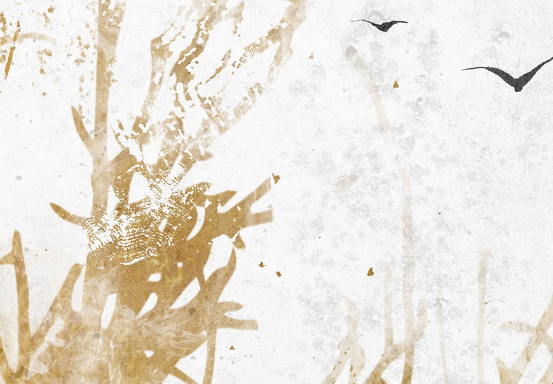 Apaļa kanva (Deluxe) - Pelēki putni un zelta zariņi, 148697 G-ART