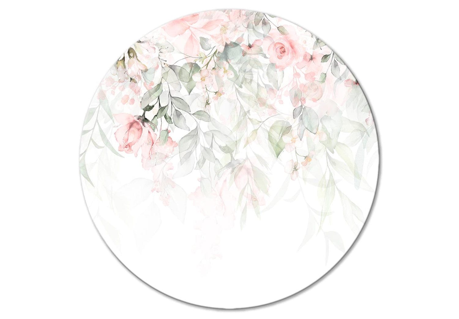 Apaļa glezna - Rozā rozes un zaļas lapas uz balta fona, 148686 G-ART