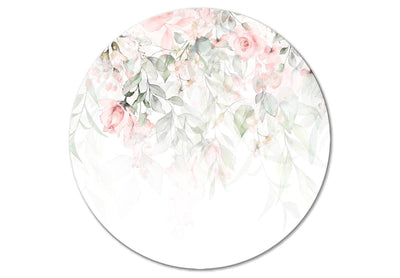 Apaļa kanva (Deluxe) - Rozā rozes un zaļas lapas uz balta fona, 148686 G-ART