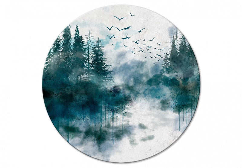Apaļa kanva (Deluxe) - Skujkoku meža miglaina ainava ar putniem, 148669 G-ART