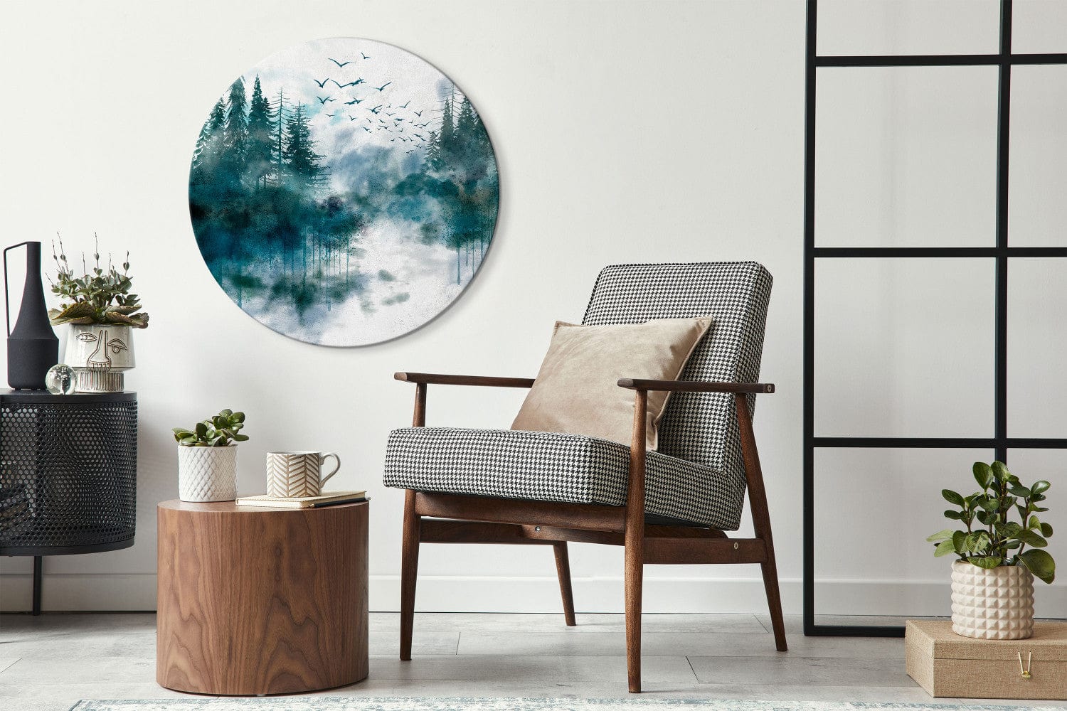 Apaļa glezna - Skujkoku meža miglaina ainava ar putniem - 148669 G-ART