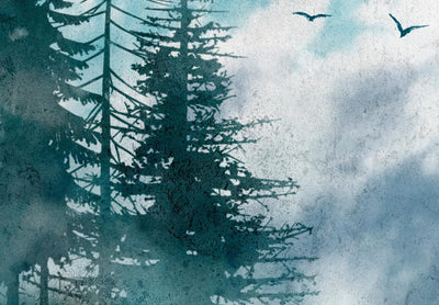 Apaļa kanva (Deluxe) - Skujkoku meža miglaina ainava ar putniem, 148669 G-ART