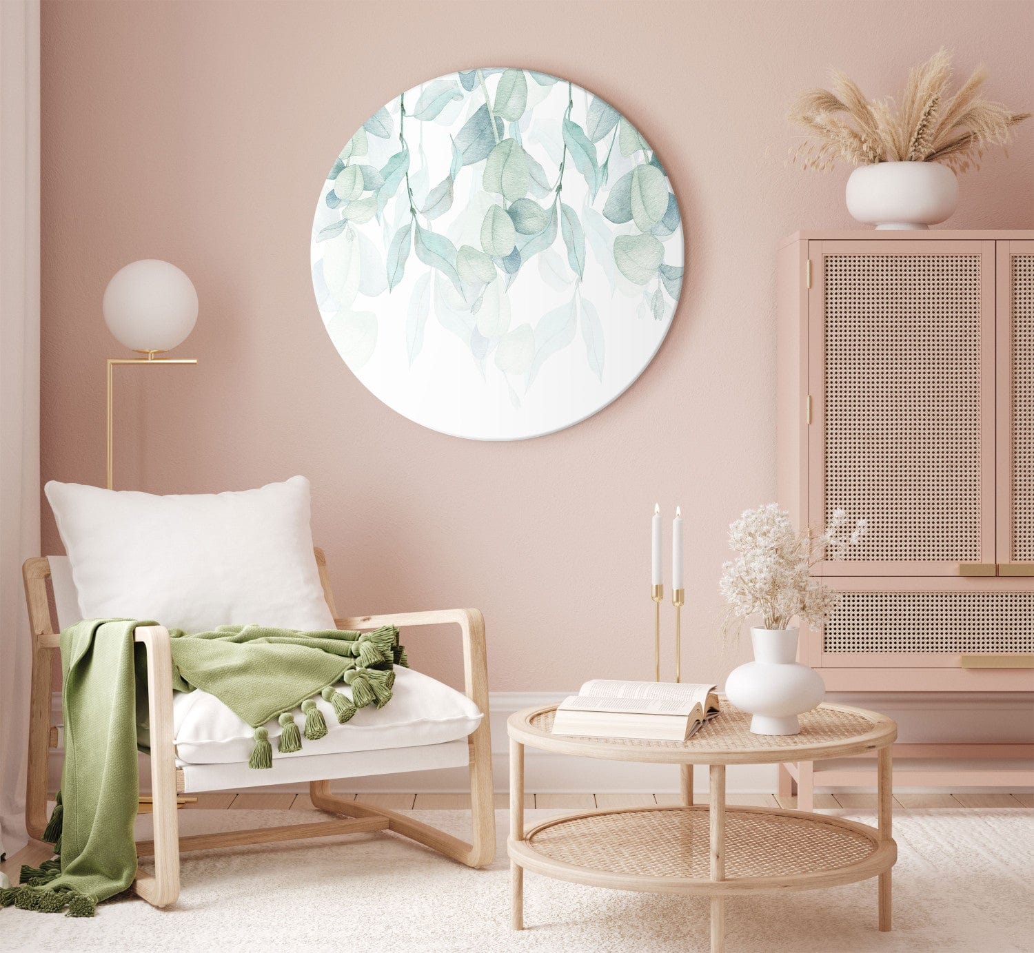 Apaļa glezna - Smalkas zaļgani zilas lapas uz balta fona, 148683 G-ART