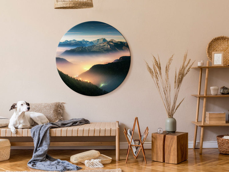 Apaļa kanva (Deluxe) - Virs mākoņiem - kalnu ainava saulrieta laikā, 148672 G-ART