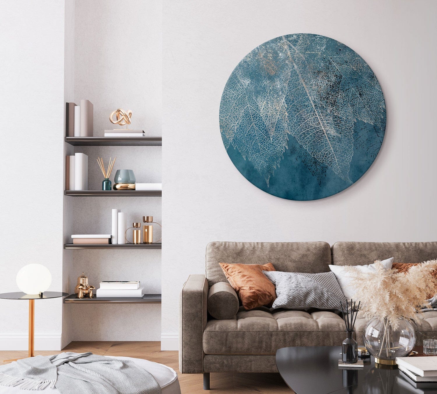 Apaļa glezna (Deluxe) - Zelta lapu dzīslas uz zila fona - 148709 G-ART