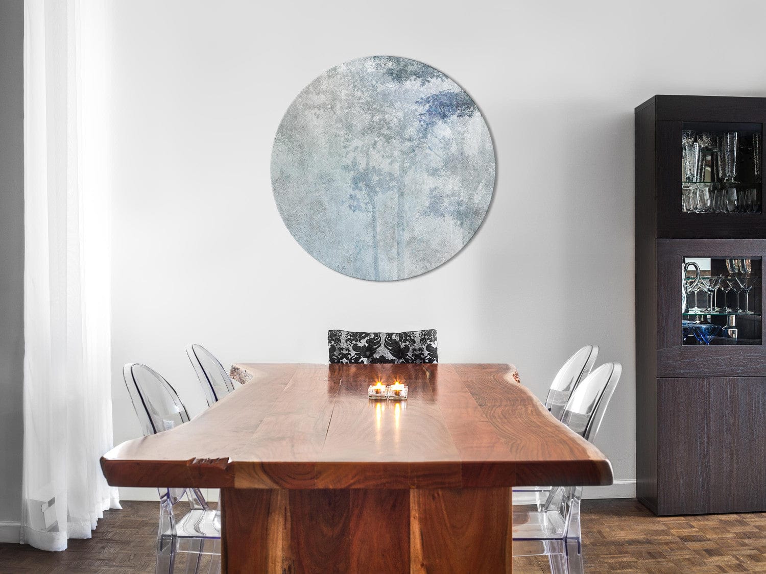 Apaļa glezna ar dabu - mežs zilos un pelēkos toņos, 151477 G-ART