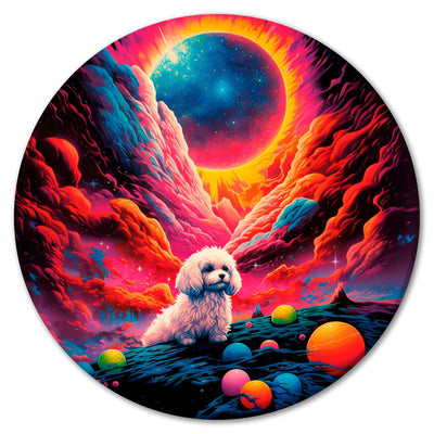 Apaļa kanva - Sēdošs pūkains suns uz kosmoska fona, 151593 G-ART