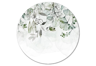Apaļa glezna ar dabas tematiku - Zaļās lapas un ziedi uz gaiša fona G-ART